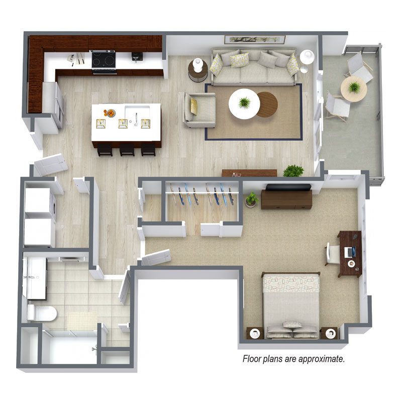 Floor plan A3 is a modern 1 bedroom and 1 bath open floor plan at Spur16 townhomes in Mequon Wisconsin.