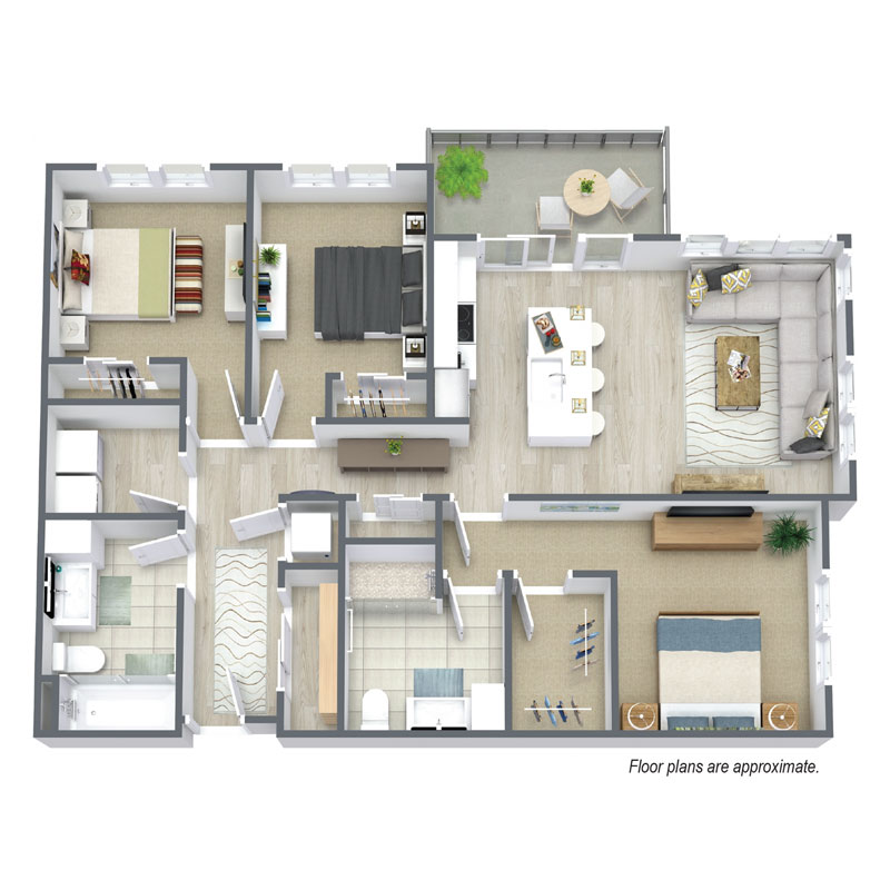 Spur 16 D1 floor plan includes 3 bedrooms and 2 baths for rent.